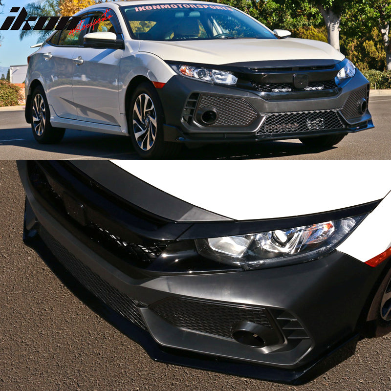 Fits 16-18 Honda Civic Type-R Front Bumper Cover & Lip Gloss Black & DRL Light