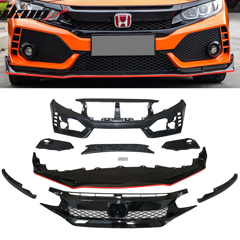 2016-2021 Honda Civic Type-R Front Bumper + Grille + Lip Gloss Black