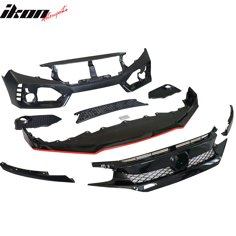 Fits 16-21 Honda Civic TR Style Front Bumper Cover + Grille + Front Lip PP