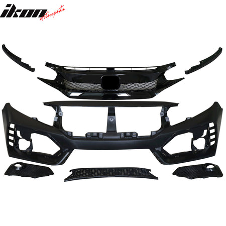 Fits 16-21 Civic Sedan Coupe Type-R Front Bumper + Grille + Lip Gloss Black