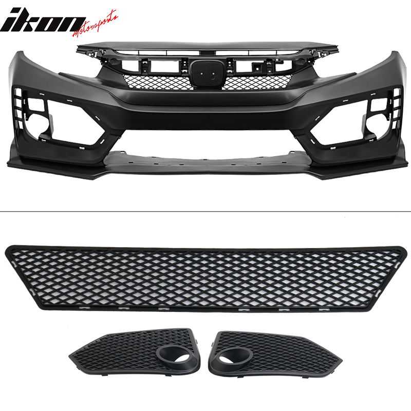 Fits 16-21 Honda Civic 10th Gen Sedan Coupe CTR Front Bumper Grille Fascia Set