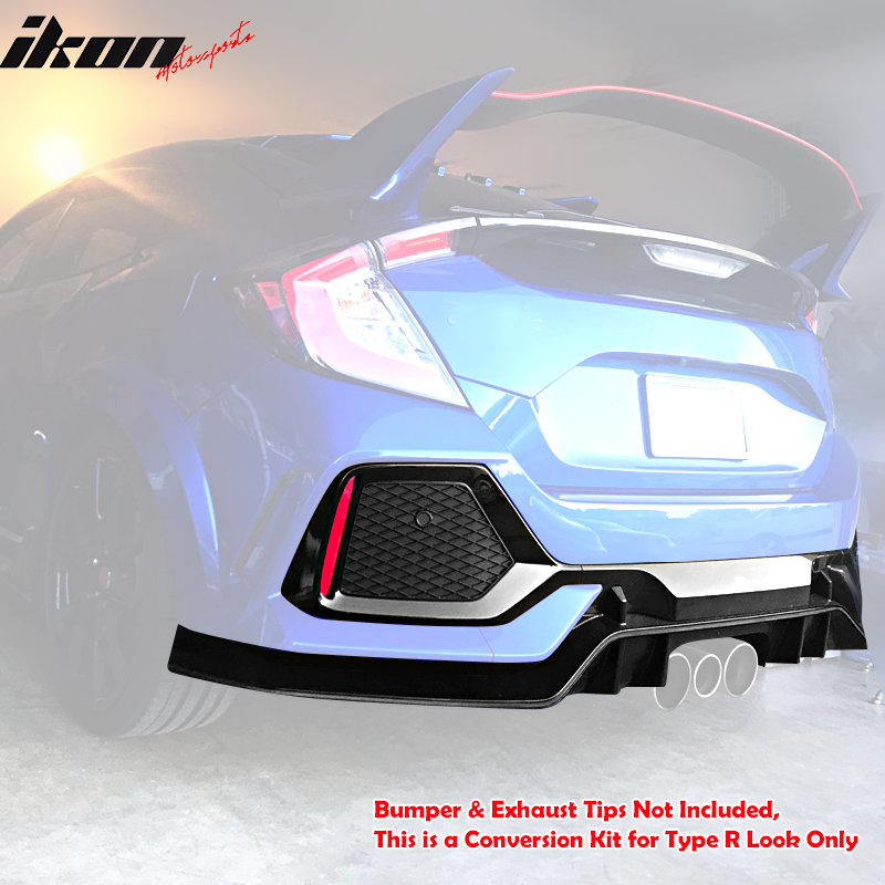 IKON MOTORSPORTS, Rear Bumper Coversion Kit Compatible With 2017-2021 Honda Civic Hatchback, Rear Bumper Garnish Without Bumper and Exhaust Tips TR Black PP 10th Gen Air Dam Protection Boykits