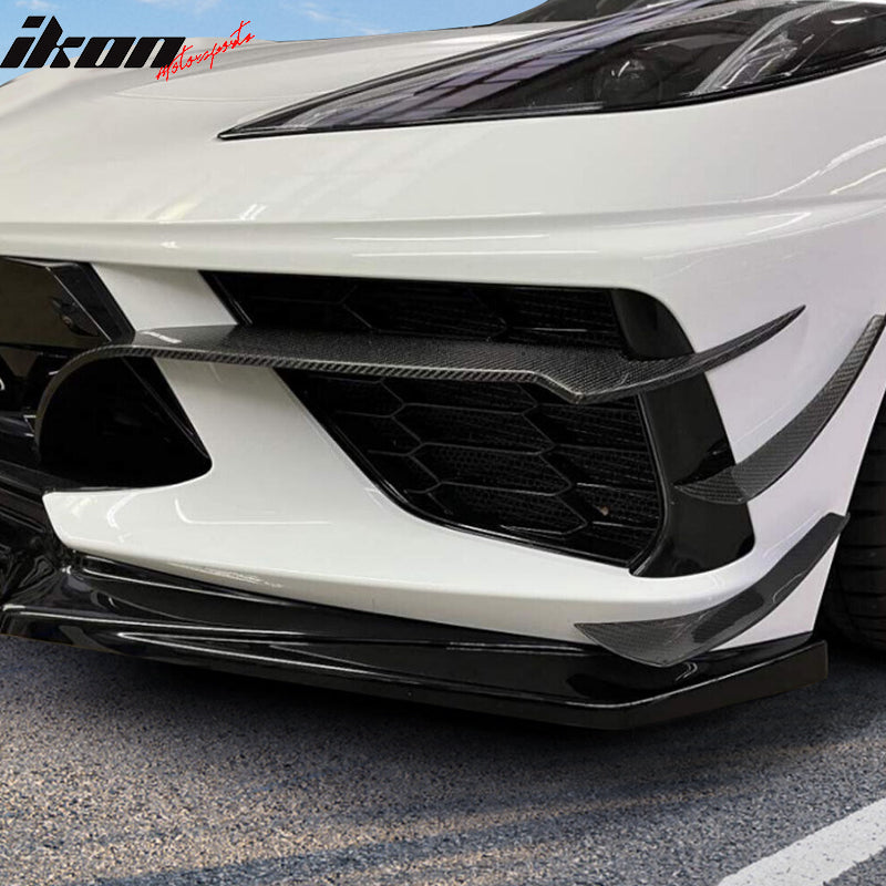 IKON MOTORSPORTS, Front Bumper Canards Splitters Compatible With 2020-2025 Chevrolet Corvette C8 Stingray & Z51, IKON Style Air Dam Chin Bodykit Spoiler Splitter Valance Canards CF Carbon Fiber Pair