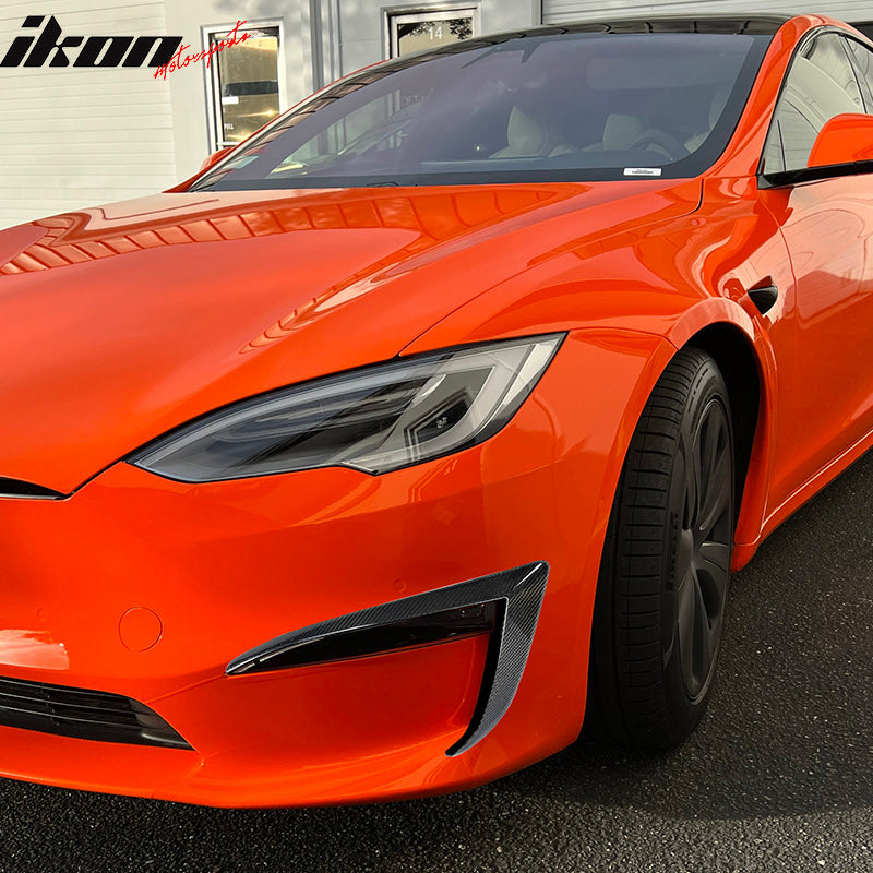 IKON MOTORSPORTS, Front Bumper Canards Splitters Compatible With 2021-2023 Tesla Model S, Gloss Black Revozport Style Carbon Fiber Air Dam Chin Bodykit Spoiler Splitter Valance Canards, 2022