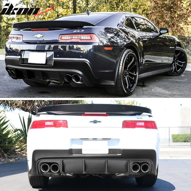 IKON MOTORSPORTS, Rear Diffuser Compatible With 2014-2015 Chevrolet Camaro, ZL1 Style Matte Black PP Lower Valance Rear Bumper Lip