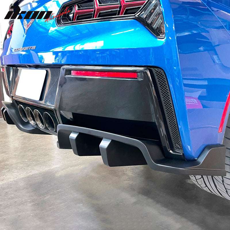 IKON MOTORSPORTS, Rear Bumper Diffuser Compatible With 2014-2019 Chevy Corvette C7 Stingray, ABS Primer Black Rear Bumper Diffuser Lips Bodykit 2PCS, 2015 2016 2017 2018