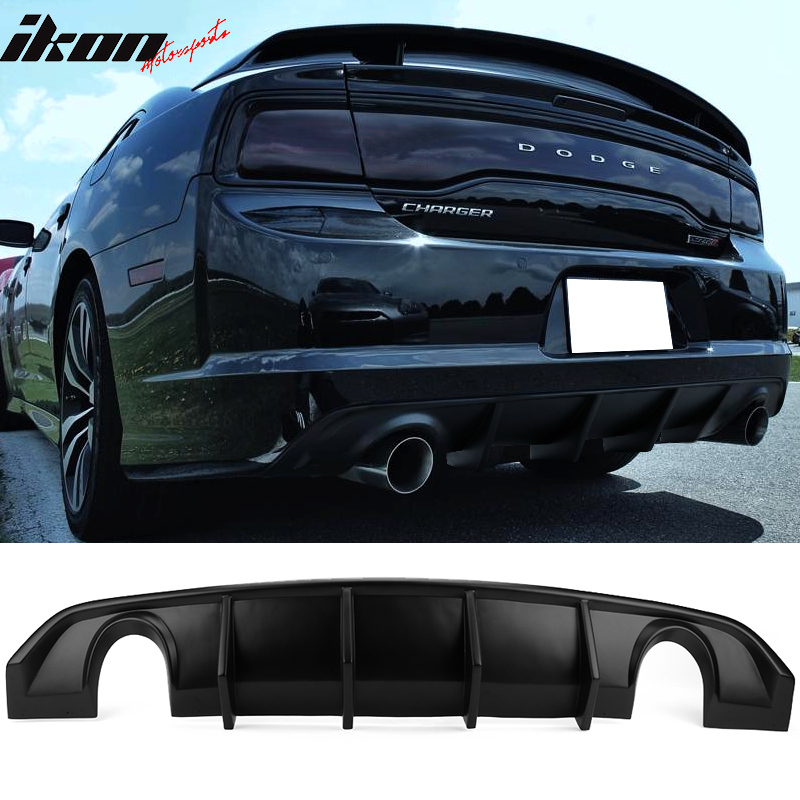 IKON MOTORSPORTS, Rear Diffuser w/ Reflective Tape Compatible With 2012-2014 Dodge Charger SRT8, V2 Style PP Splitter Spoiler Valance Chin Bumper Lip Bodykit with Safety Tape, 2013