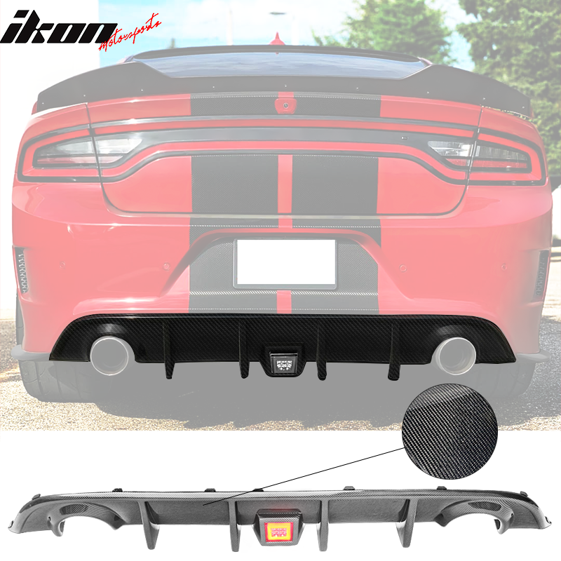 Rear Diffuser Compatible With 2015-2023 Dodge Charger SRT, Carbon Fiber Print Bumper Valance W/ Brake Light Lamp