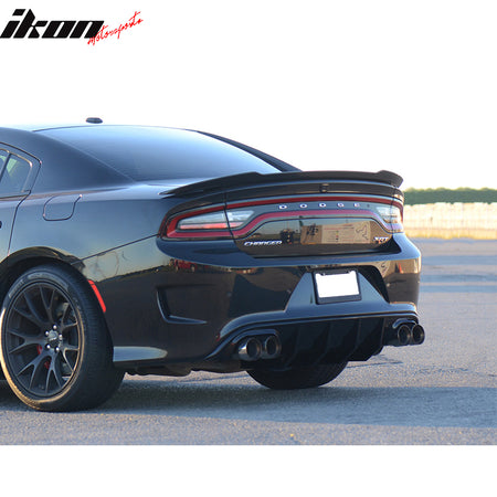 IKON, MOTORSPORTS Rear Bumper Diffuser PP Compatible with 2015-2023 Dodge Charger SRT Quad Exhaust Unpainted Black 4 Fin Spoiler Valance Chin Lip 2019 2018 2017 2016