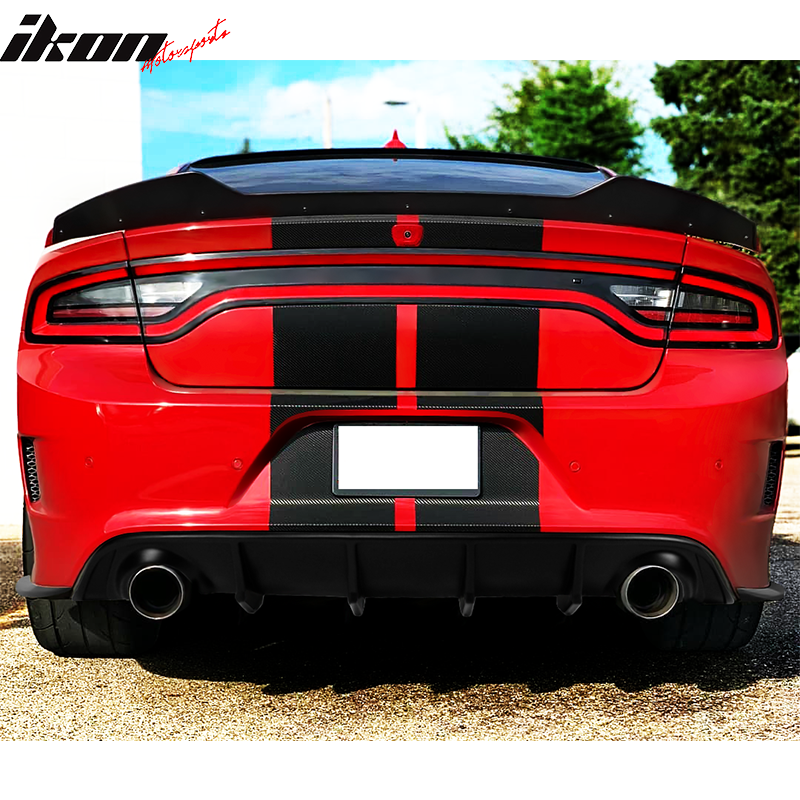 IKON MOTORSPORTS Rear Diffuser Compatible With 2015-2023 Dodge Charger SRT, V2 Style Carbon Fiber Print Bumper Lip Spoiler with Reflective Tape White & Blue & Yellow & Red