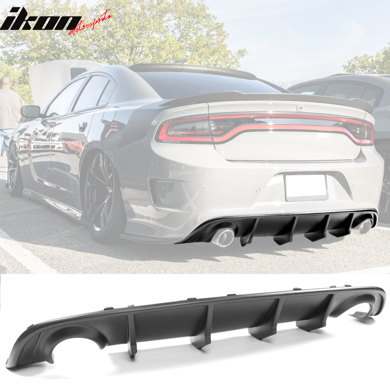 IKON MOTORSPORTS, Rear Bumper Kit Compatible With 2015-2023 Dodge Charger, Rear Bumper Guard Conversion V2 Style Rear Diffuser Lip Unpainted Black PP