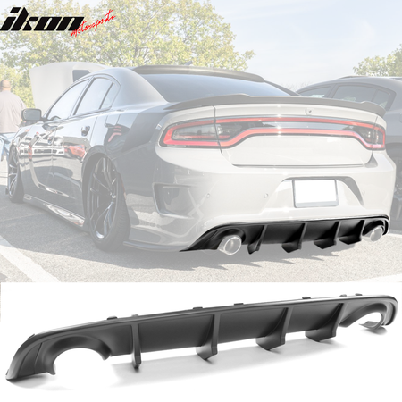 IKON MOTORSPORTS, Rear Bumper Kit Compatible With 2015-2023 Dodge Charger, Rear Bumper Guard Conversion V2 Style Rear Diffuser Lip Unpainted Black PP