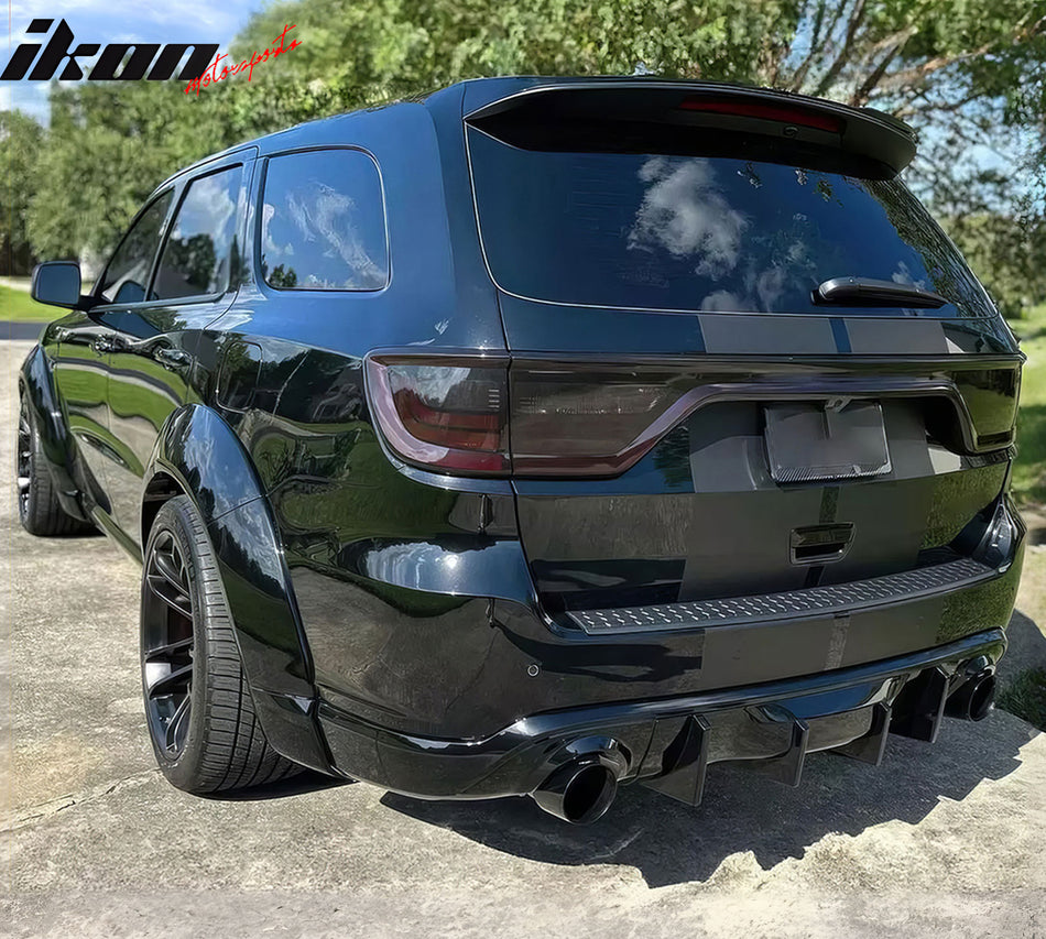 IKON MOTORSPORTS Rear Diffuser, Compatible with 2011-2024 Dodge Durango, IKON V2 Style Gloss Black PP Polypropylene Shark Fin Rear Bumper Valance Spoiler, Air Dam Chin Splitter Molding 5PCS