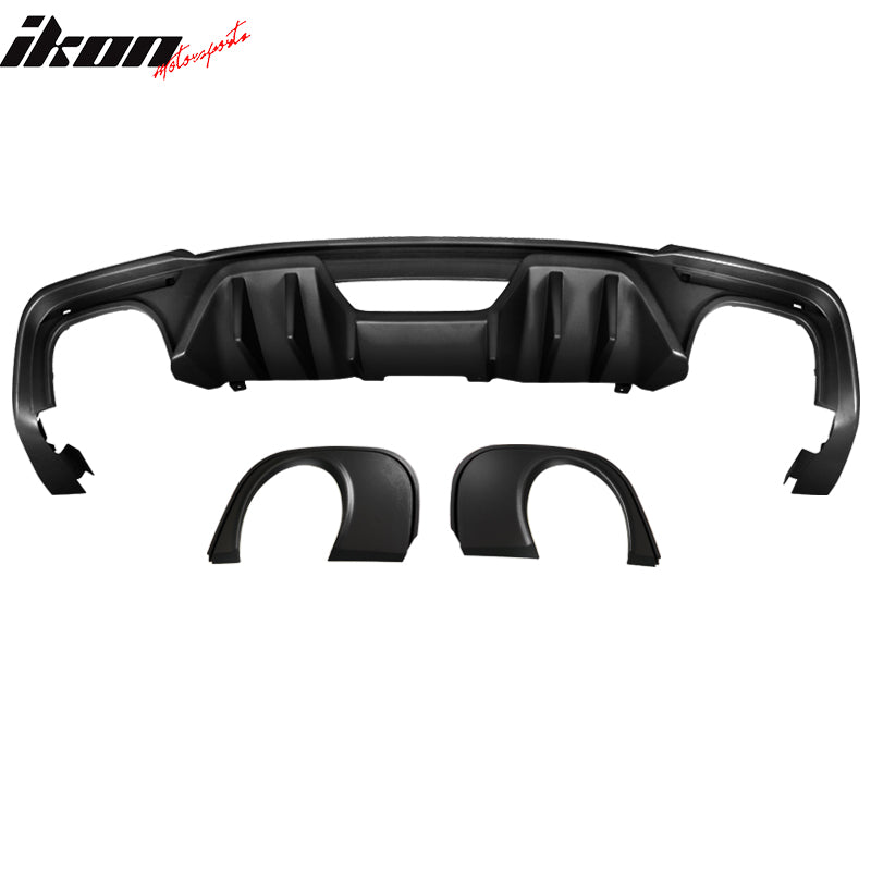 Rear Diffuser Compatible With 2018-2023 Ford Mustang, Rock Style Matte Black PP Polypropylene Bumper Lip W/ Single Outlet Style Muffler Tip By IKON MOTORSPORTS