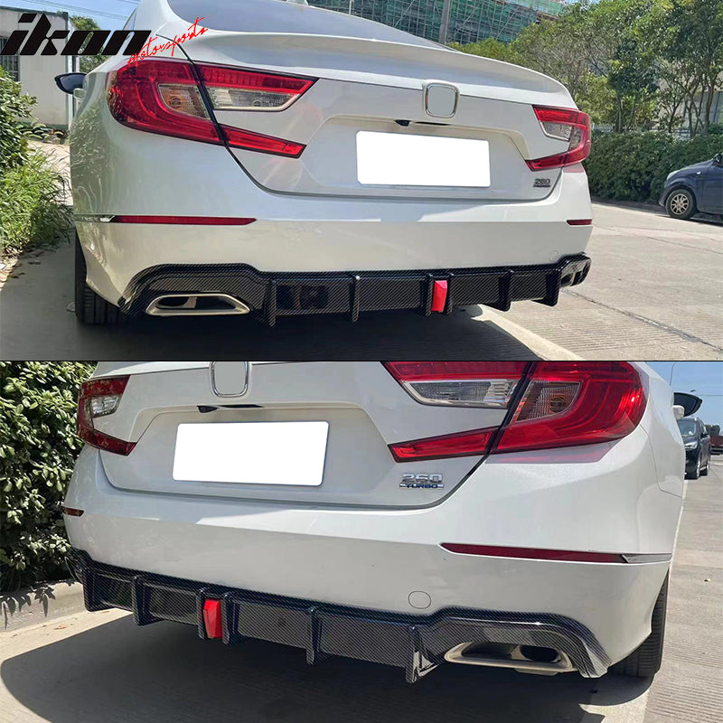 IKON MOTORSPORTS, Rear Bumper Lip Diffuser Compatible With 2018-2022 Honda Accord Sport, PP Carbon Fiber Print Rear Shark Fins Spoiler with Light, 2019 2020 2021