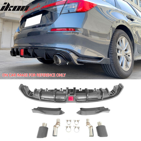 Fit 22-24 Civic EX/Touring/Si Sedan 3PC Rear Diffuser W/LED+Dual Tip