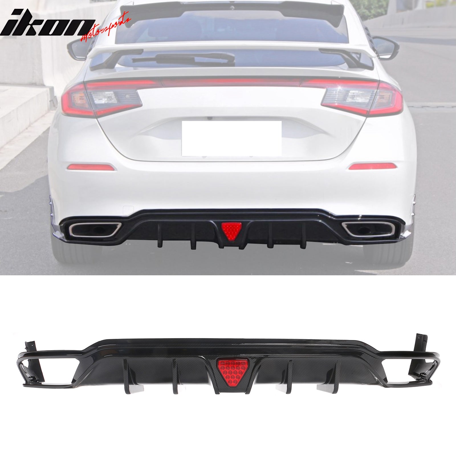 IKON MOTORSPORTS Rear Diffuser, Compatible with 2022-2024 Honda Civic Sport Touring Hatchback, IKON PP Shark Fin Rear Bumper Valance Spoiler, Air Dam Chin Splitter Molding 3PCS