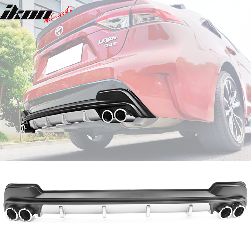 IKON MOTORSPORTS Rear Diffuser Compatible With 2020-2021 Toyota Corolla L LE/XLE, Matte Black Diffuser & Silver Tips Lower Valance Bumper Lip Spolier