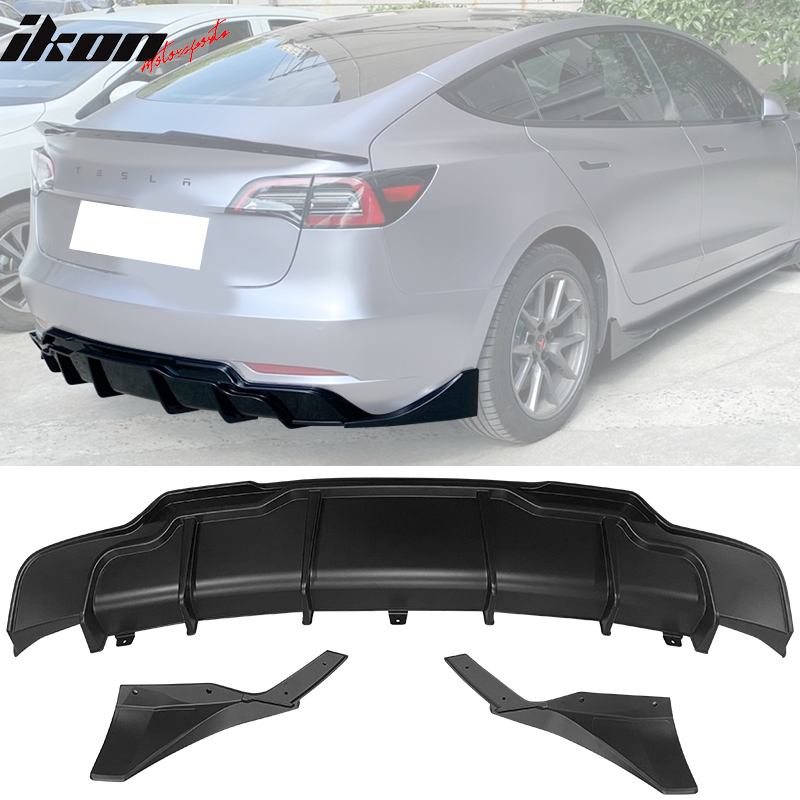 IKON MOTORSPORTS, Rear Diffuser Compatible With 2017-2023 Tesla Model 3, PP & ABS Plastic IKON Style Rear Bumper Lip & Aprons 3PC, 2018 2019 2020 2021