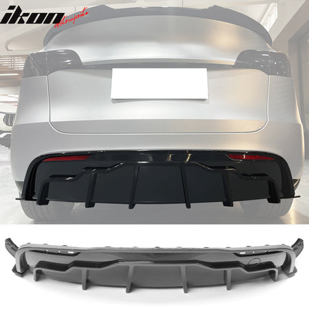 IKON MOTORSPORTS, Rear Diffuser Compatible With 2020-2023 Tesla Model Y, IKON Style PP Rear Bumper Lip Shark Fin Splitter 3PC, 2021