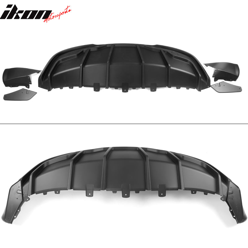 IKON MOTORSPORTS, Rear Diffuser Compatible With 2020-2023 Tesla Model Y, IKON Style PP Rear Bumper Lip Shark Fin Splitter 3PC, 2021