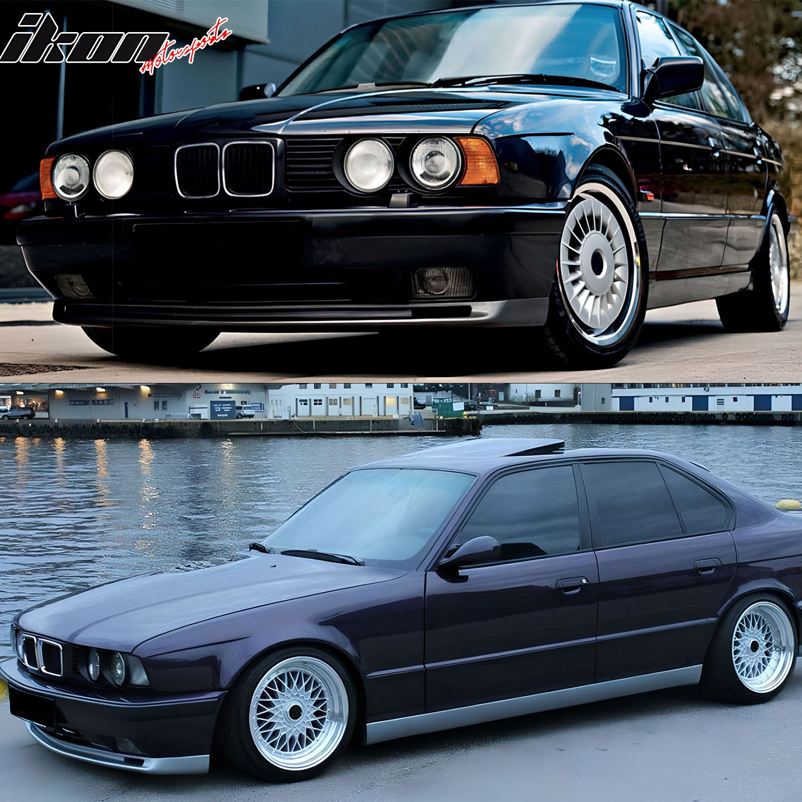 IKON MOTORSPORTS Front Bumper Lip, Compatible with 1987-1996 BMW E34 5-Series, M-Tech Style Unpainted Black PU Polyurethane Air Dam Chin Spoiler Protector Splitter