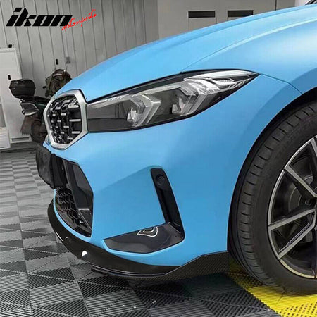 IKON MOTORSPRTS, Front Bumper Lip Compatible With 2023-2025 BMW G20 G28 3-Series LCI M Sport M340i, Carbon Fiber Underbody Lower Chin Spoiler Splitter 3D Style Add-On Valance Protection Moulding Trim