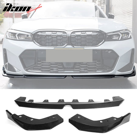 IKON MOTORSPRTS, Front Bumper Lip Compatible With 2023-2024 BMW G20 G28 3-Series LCI M Sport M340i, Carbon Fiber Underbody Lower Chin Spoiler Splitter M-Performance Style Add-On Valance Moulding Trim