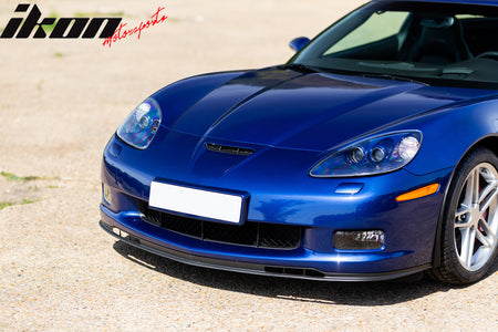 Front Bumper Lip Compatible With 2005-2013 Chevy Corvette C6, Factory Style Black PU Front Lip Finisher Under Chin Spoiler Add On by IKON MOTORSPORTS, 2007 2008 2009 2010 2011 2012