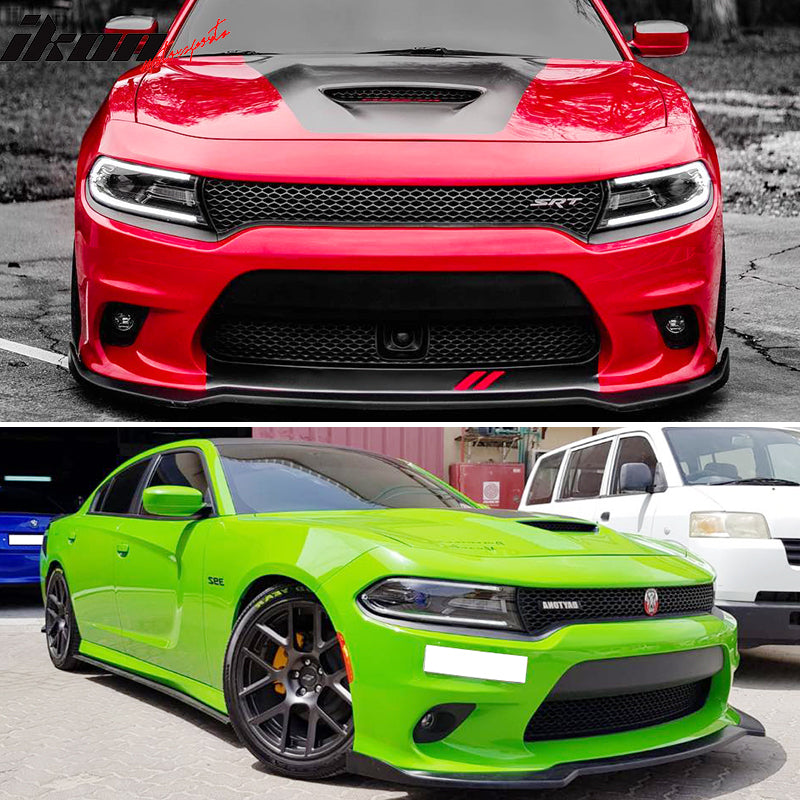 IKON MOTORSPORTS, Front Bumper Lip Compatible with 2015-2023 Dodge Charger SRT, IKON Style Unpainted Black PU Air Dam Chin Spoiler Protector Splitter Underbody Lip, 2016 2017 2018 2019