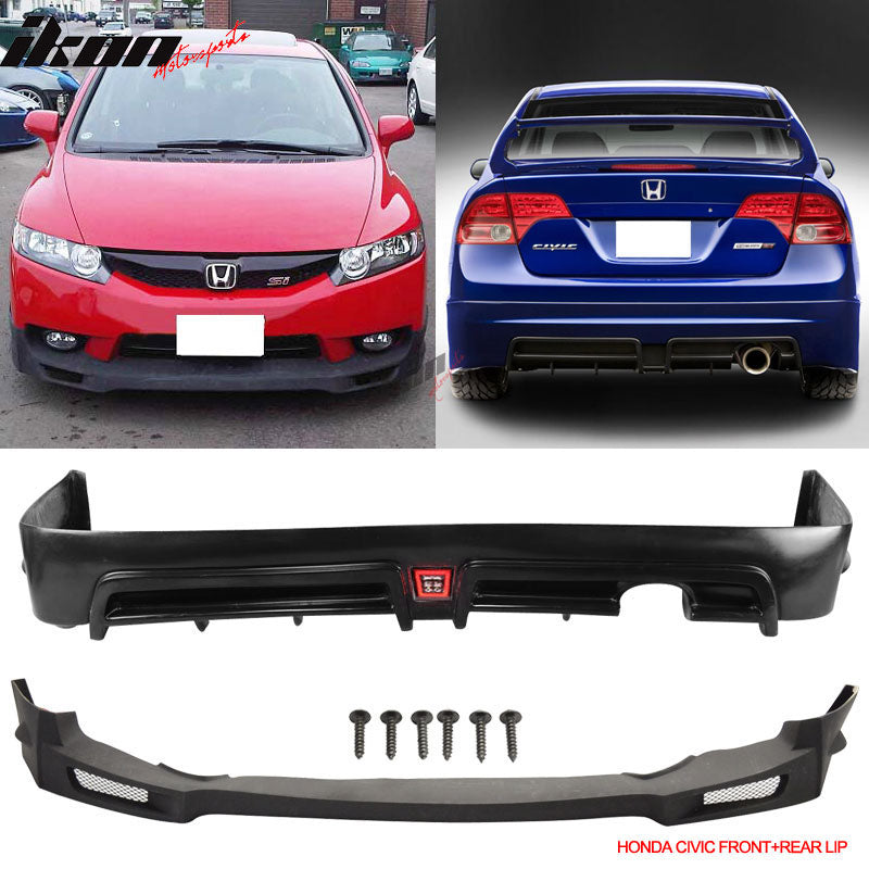 IKON MOTORSPORTS, Compatible With 2009-2011 Honda Civic 4Dr PU MUG Front & PP Rear Bumper Lip Spoiler & 3RD Brake Lamp