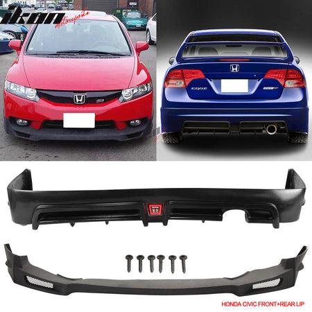 IKON MOTORSPORTS, Compatible With 2009-2011 Honda Civic 4Dr PU MUG Front & PP Rear Bumper Lip Spoiler & 3RD Brake Lamp