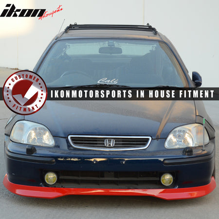 Pre-Painted Front Bumper Lip Compatible With 1996-1998 Honda Civic EK, T-R Style Red PU Front Lip Finisher Under Chin Spoiler Add On other color available by IKON MOTORSPORTS, 1997