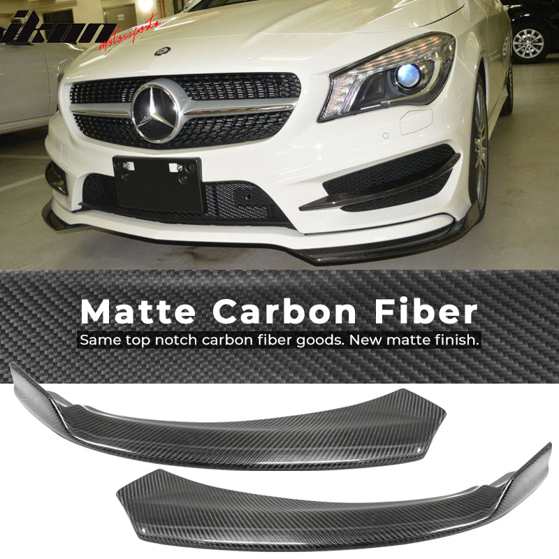 IKON MOTORSPORTS, Front Splitters Compatible With 2013-2016 Mercedes-Benz W117 CLA Class Sedan , Matte Carbon Fiber PIE Style Front Bumper Lip Chin Spoiler Wing 2PC, 2014 2015