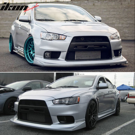 Front Bumper Lip Compatible With 2008-2015 Mitsubishi Evolution 10, V Style Black PU Air Dam Chin Diffuser Spoiler Body Kit by IKON MOTORSPORTS, 2009 2010 2011 2012 2013 2014