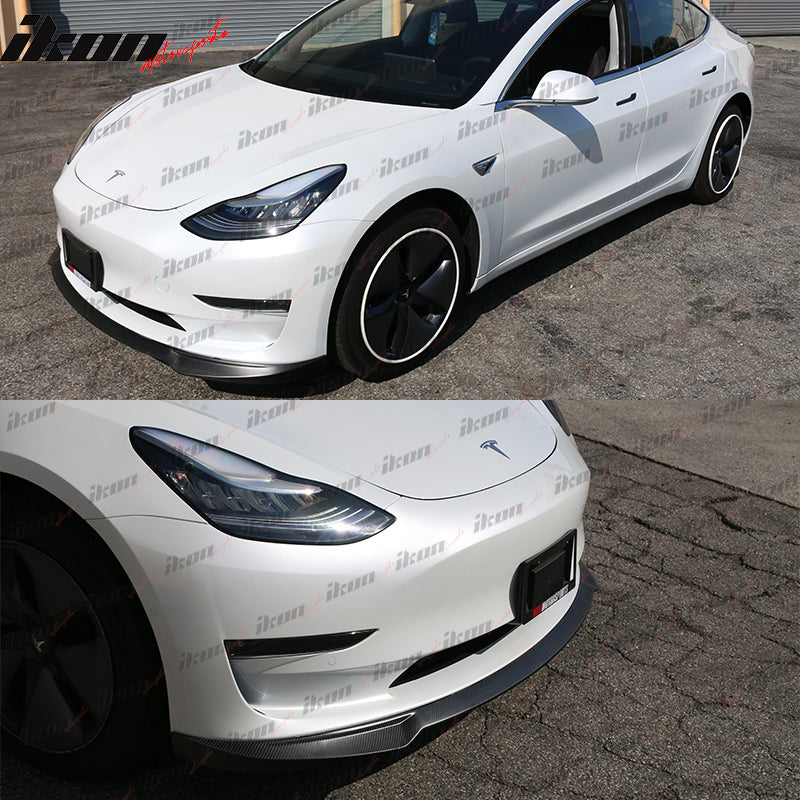 Fits 17-23 Tesla Model 3 IKON Front Bumper Lip+Trunk Spoiler Matte Carbon Fiber