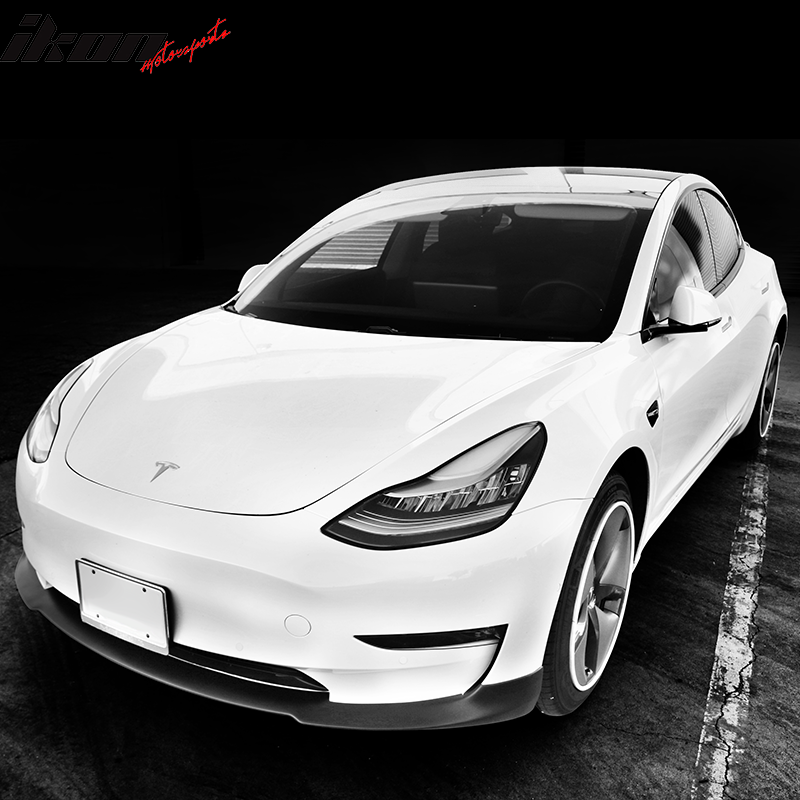 IKON MOTORSPORTS, Front Bumper Lip Compatible With 2017-2023 Tesla Model 3, IKON Style Front Lip Spoiler Matte Black PP Polypropylene, 2018