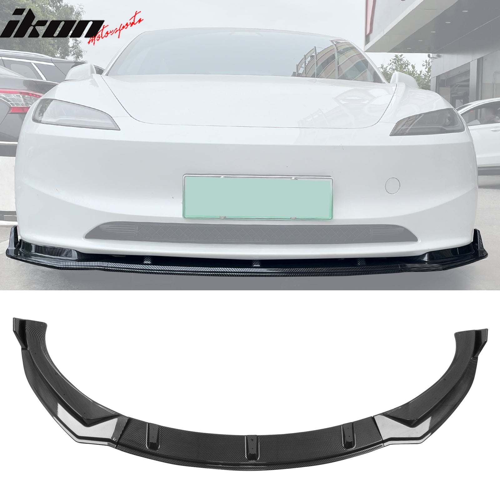 Fits 24-25 Tesla Model 3 3PCS IKON Style Front Bumper Lip Spoiler Matte Black PP