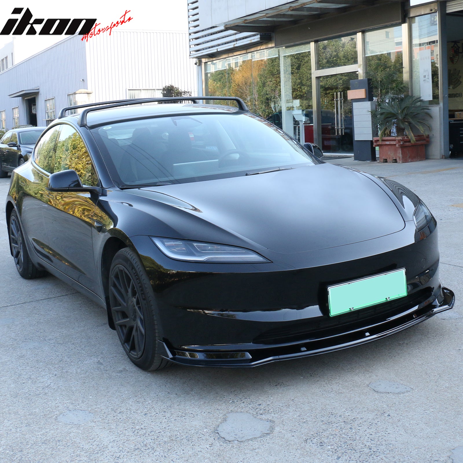 Fits 24-25 Tesla Model 3 3PCS IKON Style Front Bumper Lip Spoiler Matte Black PP