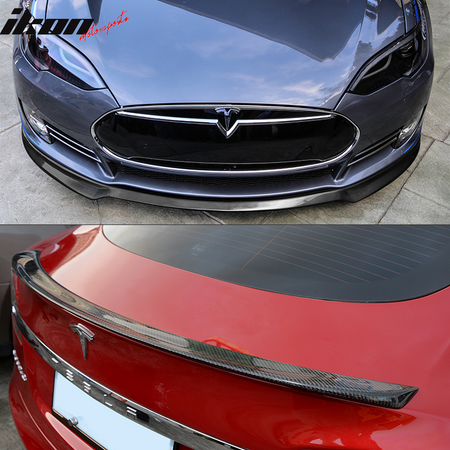 IKON MOTORSPORTS, Front Bumper Lip & Trunk Spoiler Compatible With 2012-2016 Tesla Model S, IKON Style Front Lip Spoiler, Factory Style Rear Spoiler Wing, Carbon Fiber, 2013 2014 2015