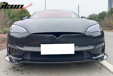 Fits 21-23 Tesla Model S Track Pack Style Front Bumper Lip Gloss Black 3PC Kit