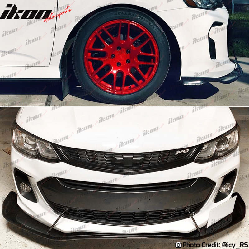 IKON MOTORSPORTS, Front Bumper Lip & CF Splitter Rod Compatible With 2017-2020 Chevy Sonic, RB Style Unpainted Black ABS Plastic Added On Spoiler Wing Deck Lid, 2018 2019