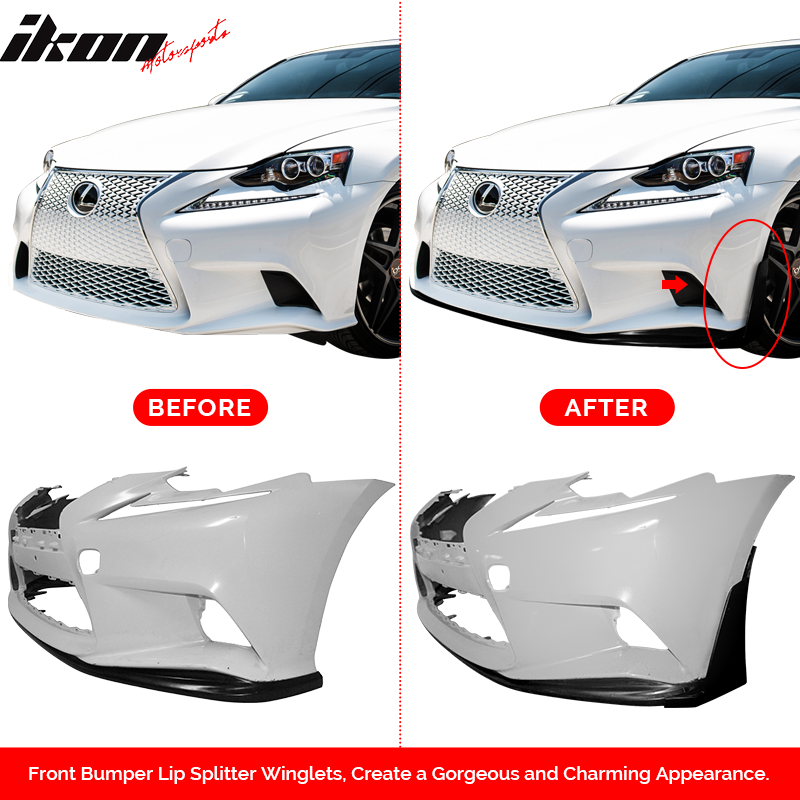 IKON MOTORSPORTS, Front Lip Splitter Winglets Compatible With 2014-2016 Lexus IS Series F Sport, 2PCS Front Bumper Chin Winglets PU Poly Urethane Unpainted Black JDM Style, 2015