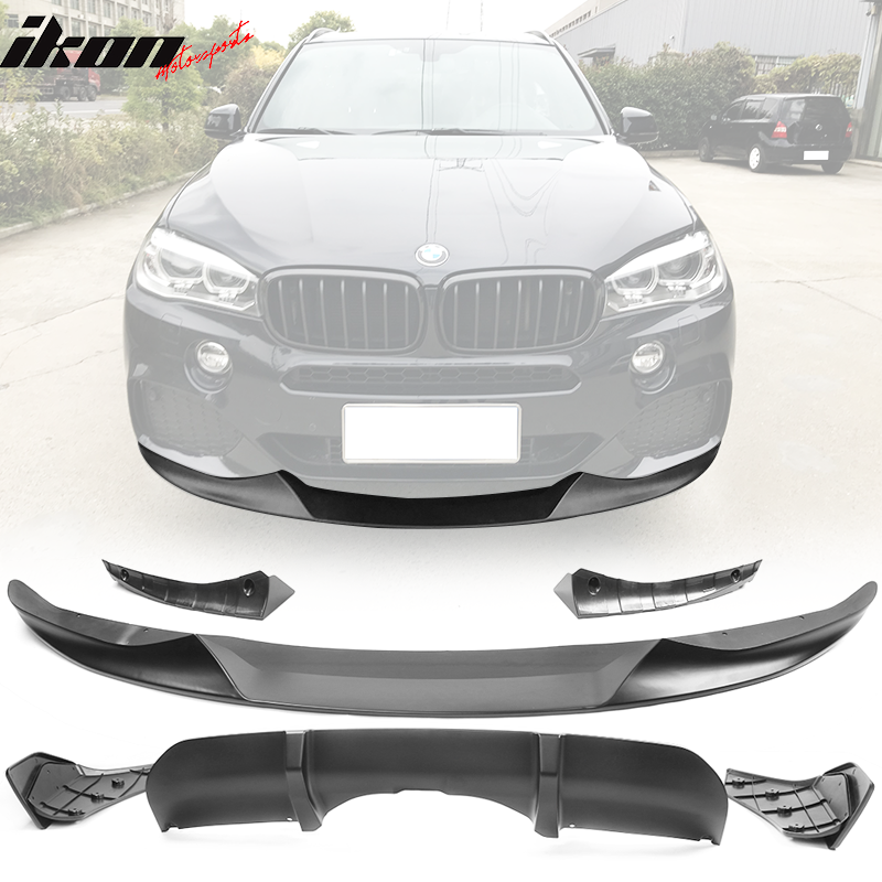 IKON MOTORSPORTS, Front Bumper Lip & Rear Diffuser Compatible With 2014-2018 BMW X5 M Sport, Matte Black PP Polypropylene Front Lip Spoiler + Rear Bumper Lip