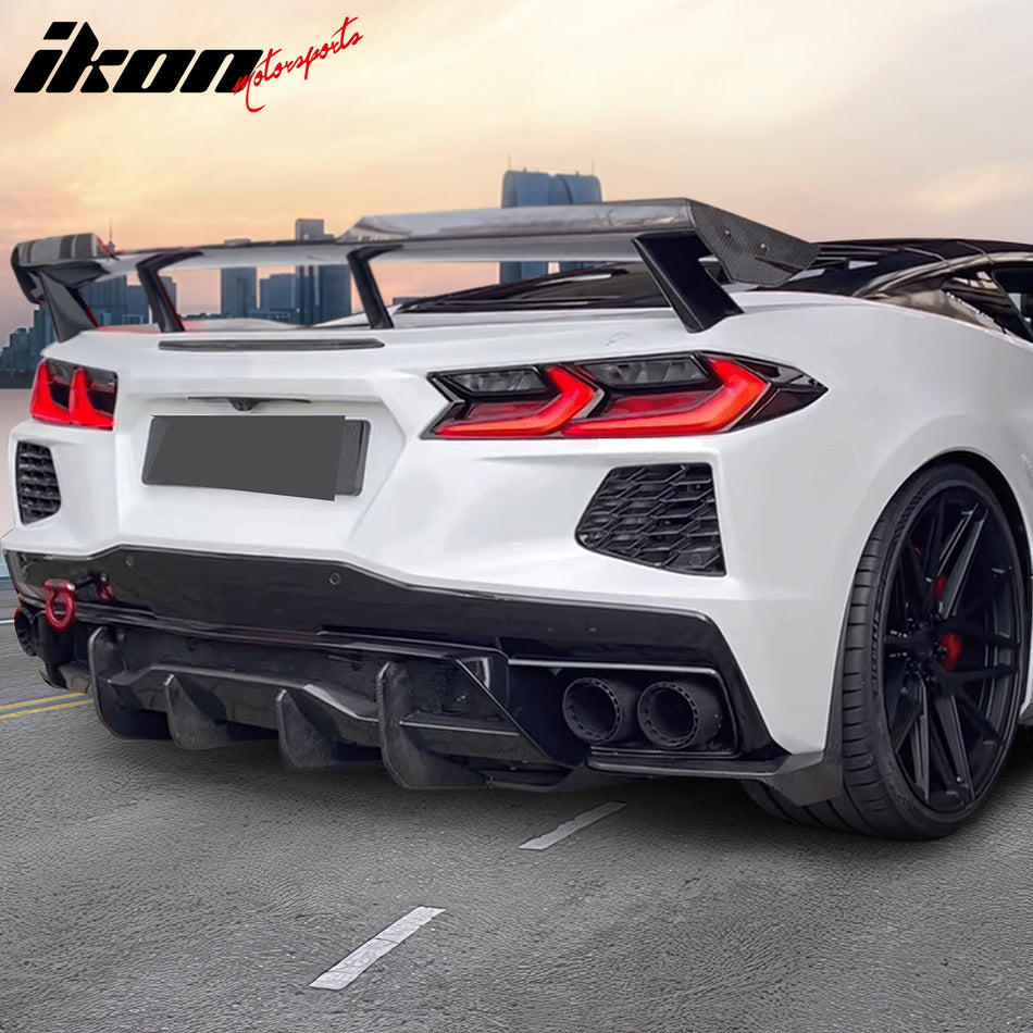 IKON MOTORSPORTS, Rear Bumper Lip Diffuser Compatible With 2020-2025 Chevrolet Corvette Stingray/Z51, Real Carbon Fiber 2PC Side Corner Valance Spats Splitter Aprons, 2021 2022 2023