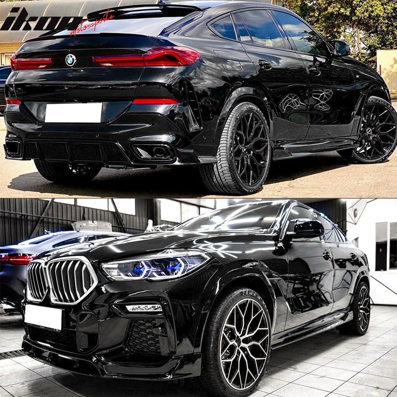 IKON MOTORSPORTS, Side Skirts Compatible With 2020-2024 BMW G06 X6 M Sport Only, IKON Style Gloss Black PP Left Right Side Rocker Panel Extension Line, 2021 2022