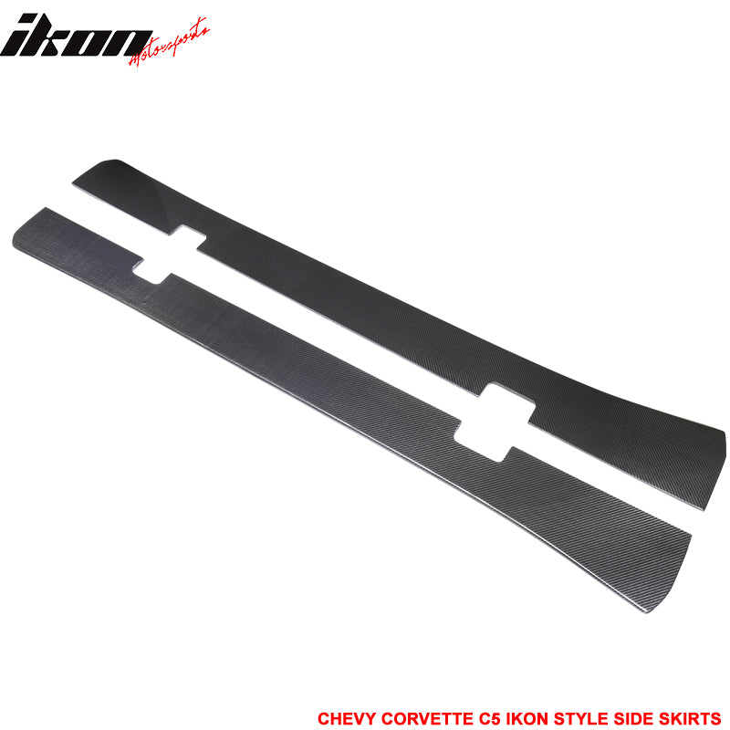 IKON MOTORSPORTS, Side Skirts Compatible With 1997-2004 Chevy Corvette C5 , Matte Carbon Fiber IKON Style Side Skirt Extension Rocker Panel Pair, 1998 1999 2000 2001 2002 2003