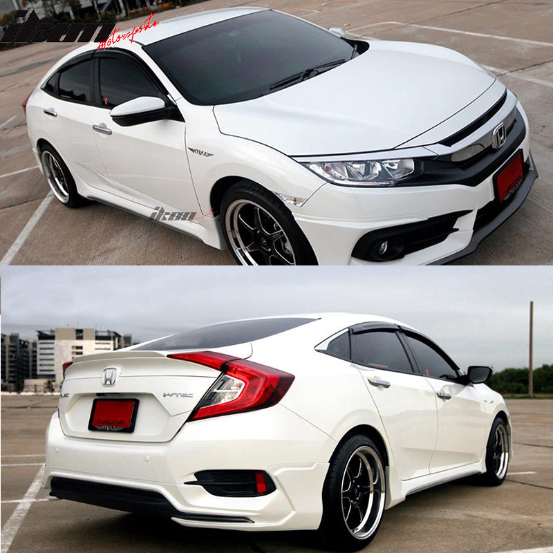 IKON MOTORSPORTS, Side Skirts Compatible With 2016-2021 Honda Civic Sedan, IKON AVS Style Black PU Splitter Extension Spoiler Add On