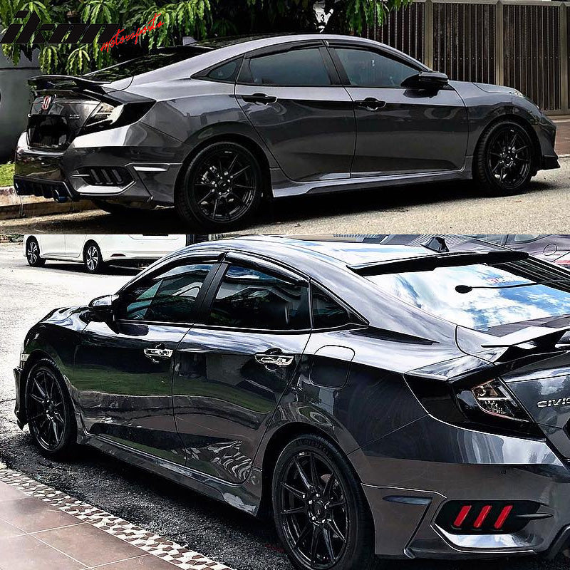 IKON MOTORSPORTS, Side Skirts Compatible With 2016-2021 Honda Civic 4dr Sedan, HFP Style Black PP Side skirt Rocker Moulding Air Dam Chin Diffuser Bumper Lip Splitter