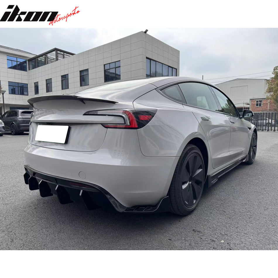 IKON MOTORSPORTS, Side Skirts Extention Compatible with 2024 Tesla Model 3, IKON Style ABS Plastic Gloss Black Rocker Panel Splitter Side Underbody Spoiler